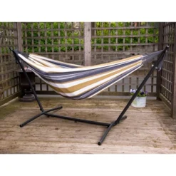 The Hamptons Collection 110” Grey And Gold Striped Brazilian Style Hammock With A Steel Hammock Stand -The Collective Goods GUEST 1342bbe2 a378 437c 9366 d3718d26a70e
