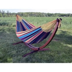 The Hamptons Collection 102” Yellow And Purple Striped Brazilian Style Hammock With Stand