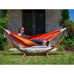 The Hamptons Collection 102” Orange Striped Sunbrella Brazilian Style Hammock With Stand