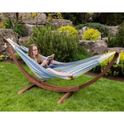 The Hamptons Collection 102” Blue And Green Striped Brazilian Style Hammock With Stand -The Collective Goods GUEST 487eba92 da0a 4fe3 a91b fcc7dc2954a0