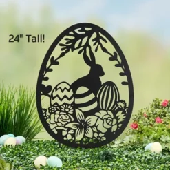 The Lakeside Collection Easter Egg With Bunny And Flowers Black Silhouette Garden Stake