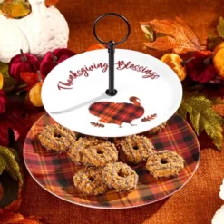 The Lakeside Collection Harvest Plaid Serving Pieces - 2-Tier Tray