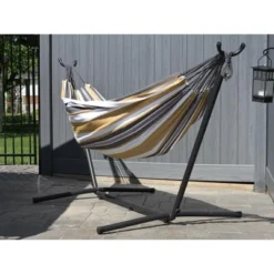 The Hamptons Collection 110” Grey And Gold Striped Brazilian Style Hammock With A Steel Hammock Stand -The Collective Goods GUEST a1e756be 33aa 49cb 9254 808a437cf6fe