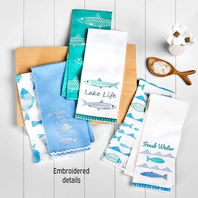 The Lakeside Collection Set Of 2 Gone To The Lake Embroidered Kitchen Towels - Fresh Water 6 The Lakeside Collection Set Of 2 Gone To The Lake Embroidered Kitchen Towels - Fresh Water - Image 4