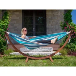 The Hamptons Collection 102” Blue Striped Sunbrella Brazilian Style Hammock With Stand